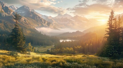 Wallpaper showcasing a serene valley at sunrise with warm light over trees and grass creating calm