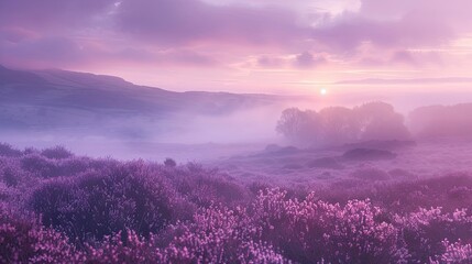 Poster - Background showcasing a misty moorland at dawn with rolling fog and purple heather illuminated by soft light