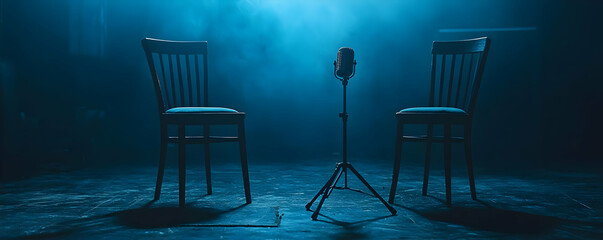 Two Empty Chairs and a Vintage Microphone on a Dark Stage Photo