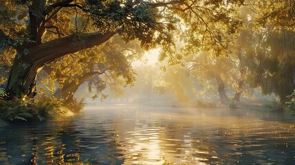 Backdrop featuring a calm river bend with overhanging trees soft rippling water and gentle golden light