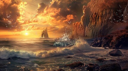 Wallpaper showcasing a coastal cliff at sunset waves crashing and warm sky colors creating a sense of power