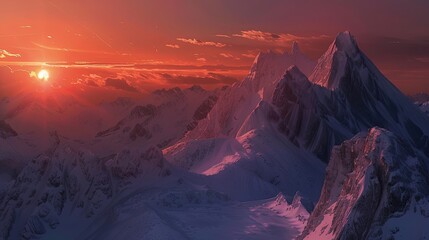 Wall Mural - Backdrop of a dramatic mountain pass at sunset with towering peaks deep shadows and a glowing horizon