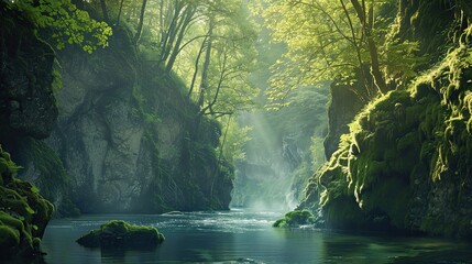 Poster - Background of a tranquil river gorge with moss-covered walls soft light filtering through trees and calm waters