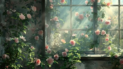 Canvas Print - Wallpaper of a garden scene with blooming roses detailed leaves and soft diffused light creating serenity