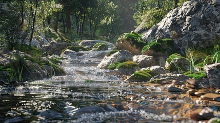 Canvas Print - Background featuring a rocky stream with clear water rushing over moss-covered rocks under soft ambient light