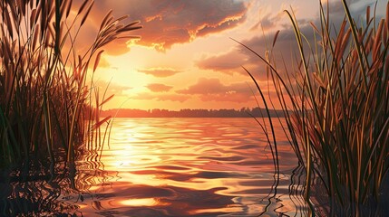 Canvas Print - Serene riverbank backdrop with tall reeds calm water and a warm sunset glow