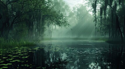 Wallpaper showcasing a peaceful swamp with intricate water reflections and soft light