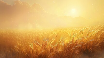 Dawn backdrop of a wheat field with golden stalks illuminated by rising sunlight