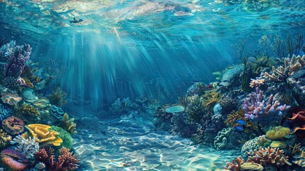 Poster - Vibrant coral reef scene with sunlight rays and intricate sea plant details underwater