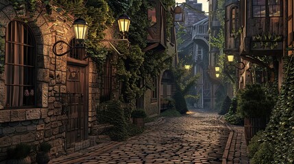 Canvas Print - Ivy-covered street background with cobblestone road and warm light from vintage lamps