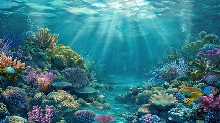 Canvas Print - Detailed coral reef backdrop with sea plants and sun rays filtering through water