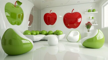 A bright and contemporary interior featuring green and white apple-shaped furniture, large red apple wall decor, and a minimalist design. The space is filled with natural light, creating a playful and