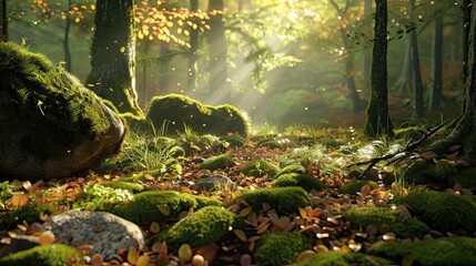 Forest glade scene with moss-covered rocks and dappled light in a peaceful wallpaper