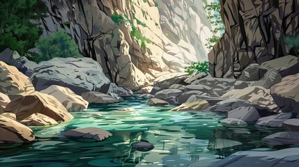 Poster - Background of a winding river through a rocky gorge with soft light and clear water