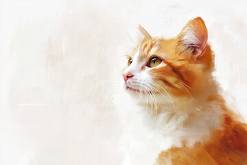 Wall Mural - A cat with orange fur is sitting on a white background. The cat has a curious expression on its face , ai