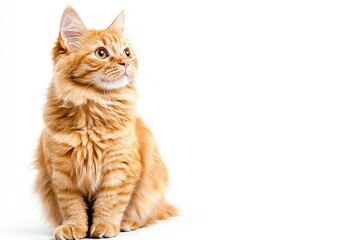 Wall Mural - A cat with orange fur is sitting on a white background. The cat has a curious expression on its face , ai