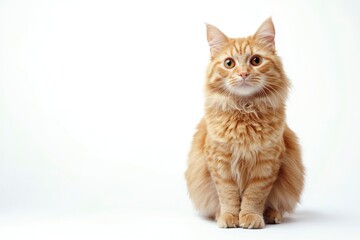 Wall Mural - A cat with orange fur is sitting on a white background. The cat has a curious expression on its face , ai