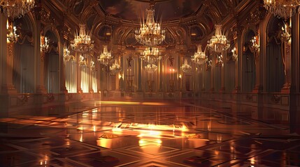 Poster - Decorated ballroom with chandeliers and parquet floors in a soft background