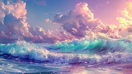 Canvas Print - Ocean scene with crashing waves and glowing bioluminescence under a pastel sky wallpaper