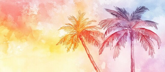 Tropical Sunset Bliss: A Watercolor of Vibrant Palm Trees Against a Colorful Sky