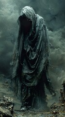 Wall Mural - A hooded figure stands in a dark, misty landscape.