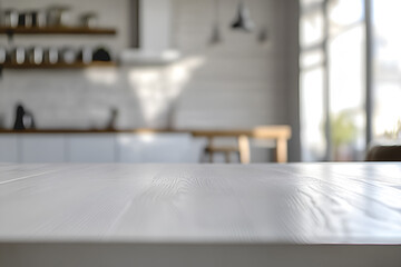 Empty wooden table top on blurred kitchen interior background