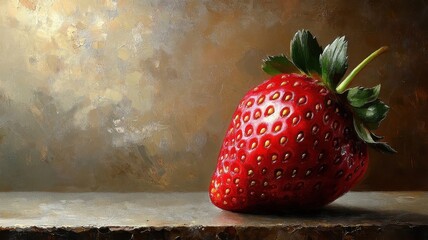 Strawberry rendered in an oil painting style, showcasing rich textures and natural colors with a classic, realistic approach.