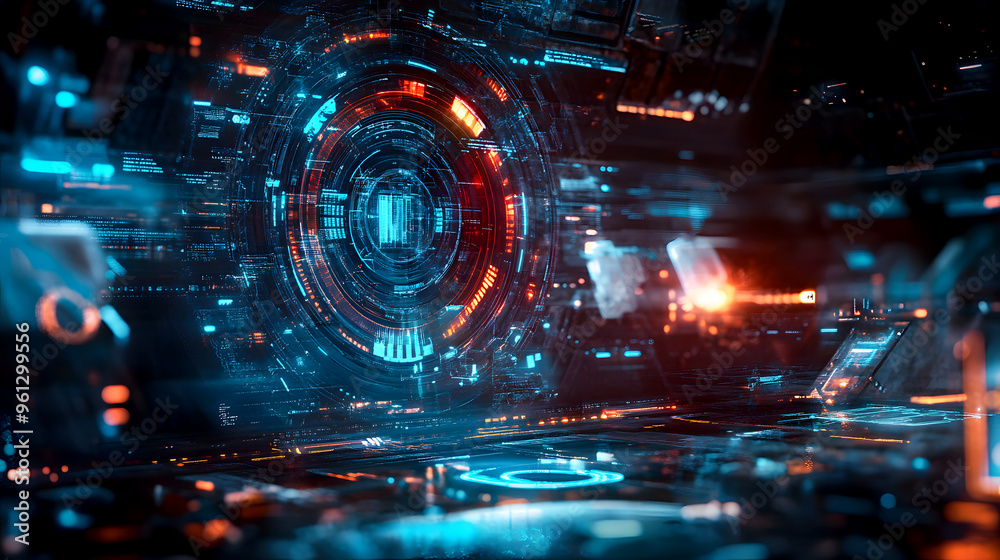 Translucent Graphics Tech background featuring translucent holograms and digital interfaces ...