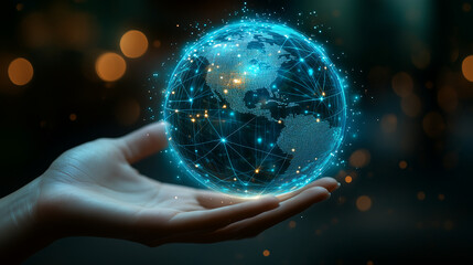 Wall Mural - a hand holding a glowing blue digital globe with a global network and connectivity concept on a dark