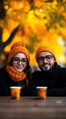 A couple is sitting at a table with cups of coffee and orange hats. They are smiling and looking at the camera