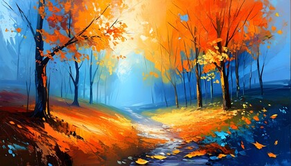 Vibrant abstract autumn forest landscape depicting colorful fall foliage, a serene path, and the beauty of nature in striking orange and blue tones