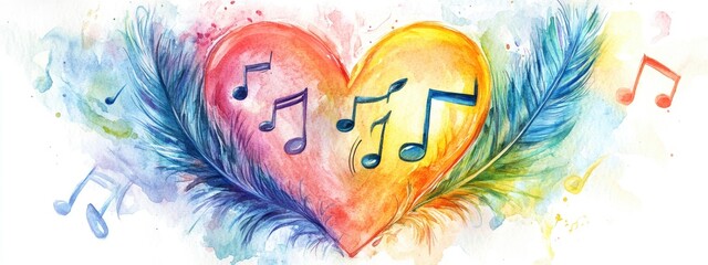 Vibrant Watercolor Heart with Musical Notes and Feathers: A Celebration of Love and Creativity