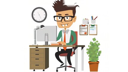 An office cartoon character standing in a professional environment. The character is wearing business attire and has a unique design. It is holding office tools and seems to be engaged in work - relat