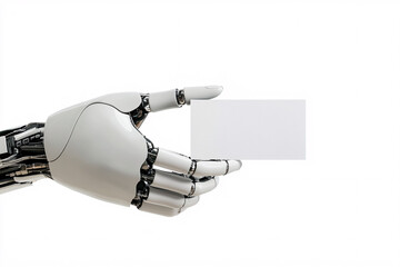 robotic hand presenting a blank card against a white background, illustrating the merging of technology and communication