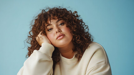 Sticker - Portrait of serious dark skinned overweight young woman looks directly at camera dressed in sweatshirt concentrated at camera poses against blue background. Human face expressions and emotions