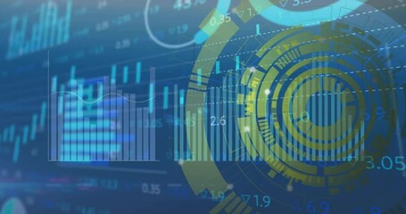Poster - Financial data charts and graphs animation over blue and yellow circular interface