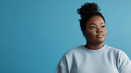 Portrait of serious dark skinned overweight young black woman looks directly at camera dressed in sweatshirt concentrated at camera poses against blue background. Human face expressions and emotions