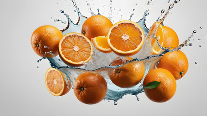 Fresh oranges falling into water splash on white background