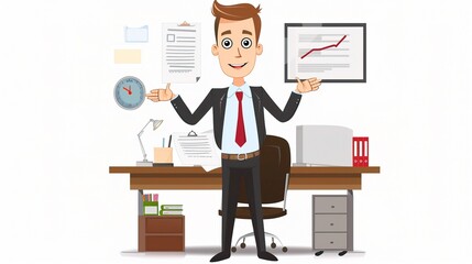 An office cartoon character standing in a professional environment. The character is wearing business attire and has a unique design. It is holding office tools and seems to be engaged in work - relat