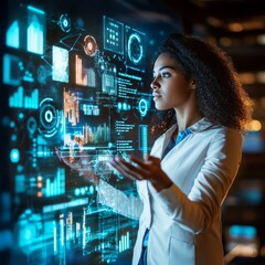 Wall Mural - Young Woman Interacting with Futuristic Data Visualization Interface on Transparent Screen