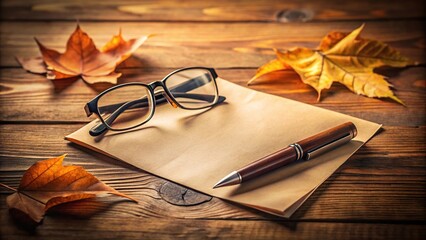 Autumn vintage still life with pen paper and eyeglasses on wood background depicting nostalgia and reminiscence