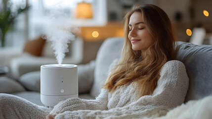 a woman relaxing with a diffuser in a cozy living room.