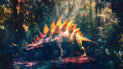 Poster - Stunning holographic projection of a Stegosaurus grazing in a lush prehistoric forest environment showcasing innovative digital technology and nature s wonders