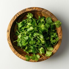 Wall Mural - Coriander in a wooden bowl, top view, white background