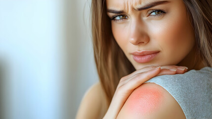 A woman touching her shoulder, showing signs of discomfort.