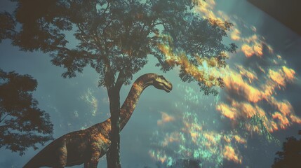 Poster - A mesmerizing holographic projection of a towering Brachiosaurus dinosaur reaching up to pluck leaves from the branches of a tall verdant tree in a lush fantastical digital landscape