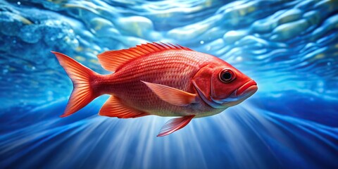 Background of shimmering blue water with close-up view of red sea fish swimming