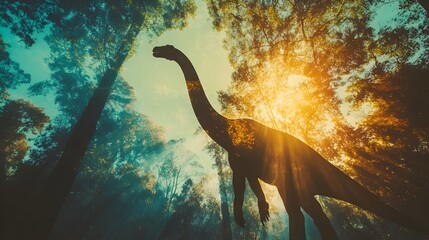 Poster - A digital rendering of a captivating holographic display featuring a life size Brachiosaurus dinosaur reaching up to grasp leaves on a towering virtual tree