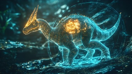 Poster - Holographic display of a Parasaurolophus an extinct prehistoric dinosaur species utilizing its distinctive crest for communication  This futuristic digital visualization offers a modern