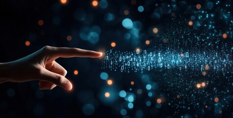 Poster - digital connection: hand reaching towards binary code